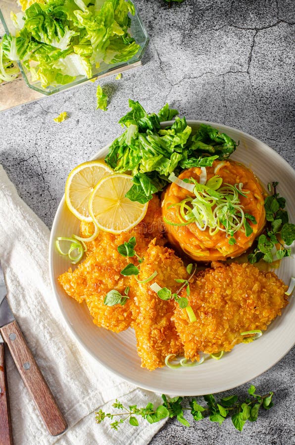 Crispy Schnitzel with Cornflakes Stock Photo - Image of gold, food ...