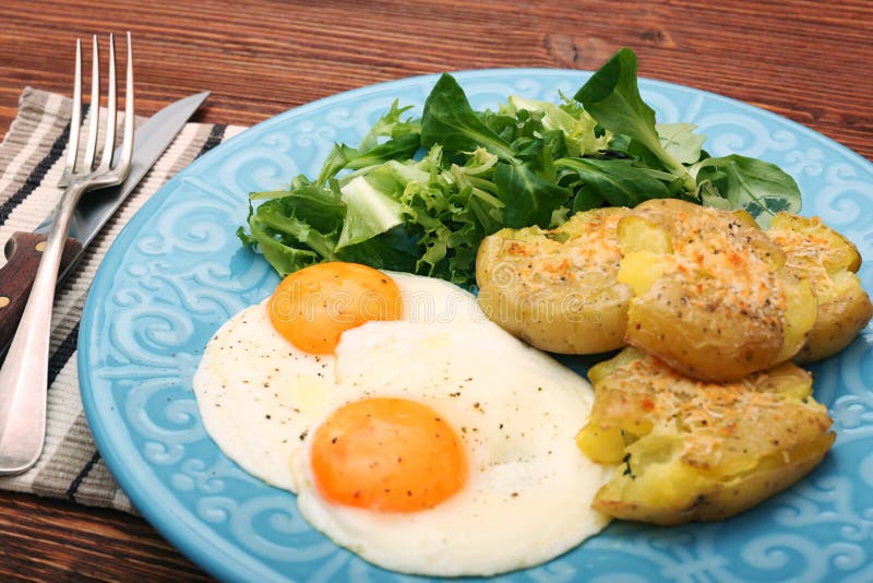 Crispy smashed potatoes breakfast. stock images
