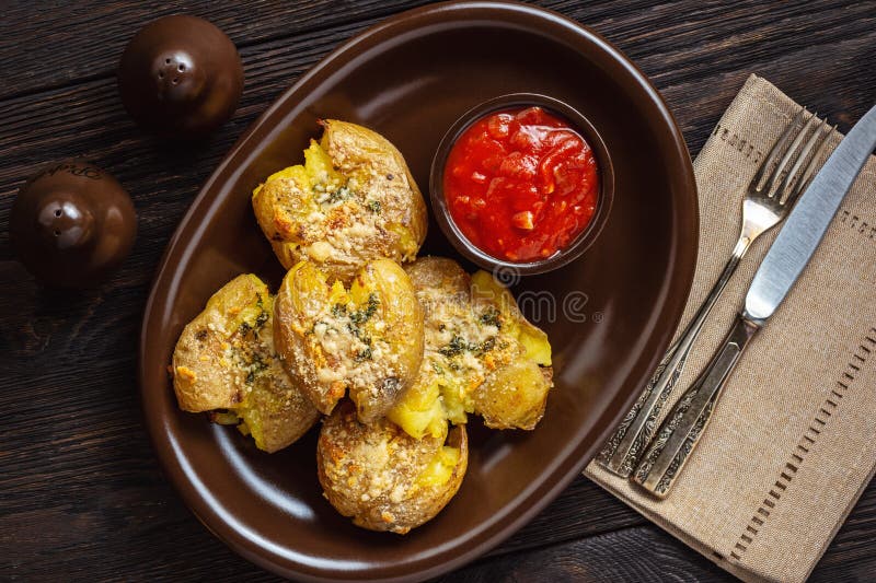 Crispy smashed potatoes roasted with garlic and parmesan. royalty free stock photos