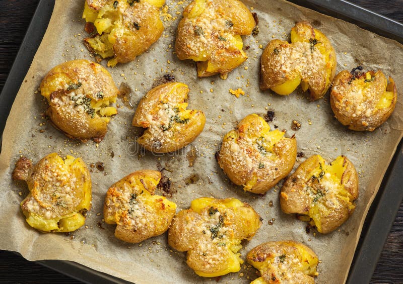 Crispy smashed potatoes roasted with garlic and parmesan. stock photos