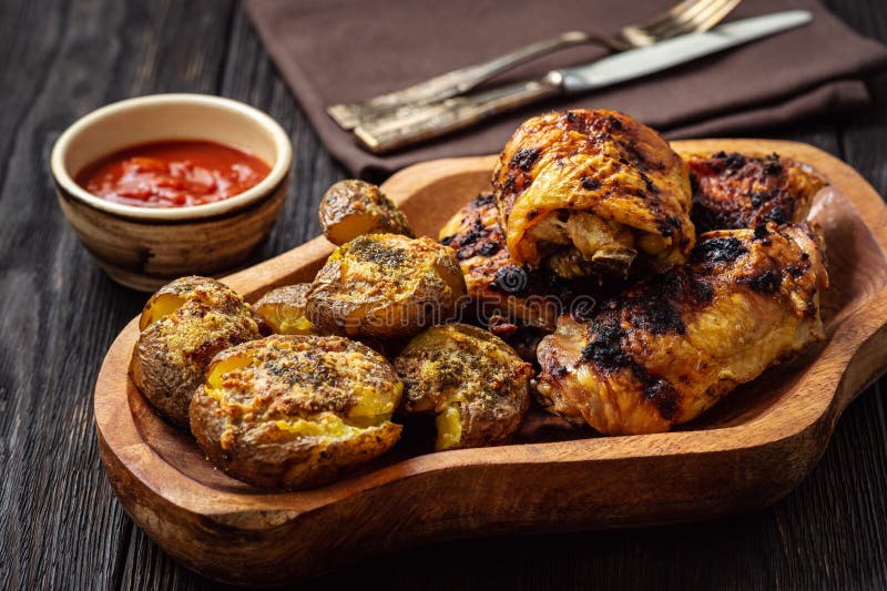 Crispy smashed potatoes roasted with garlic and parmesan and grilled chicken. stock photography