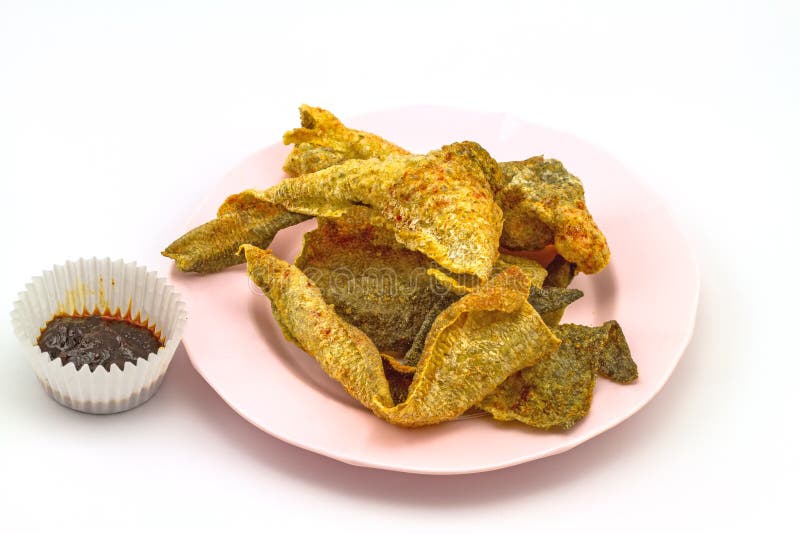 Crispy smażąca łososiowa skóry i chili pasta w menchii naczyniu na bielu zdjęcie royalty free Crispy smażąca łososiowa skóry i chili pasta w menchii naczyniu na bielu zdjęcie royalty free