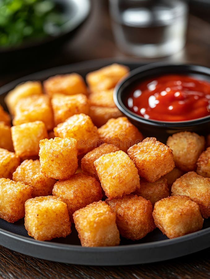 Crispy tater tots with ketchup on a black plate. stock photo
