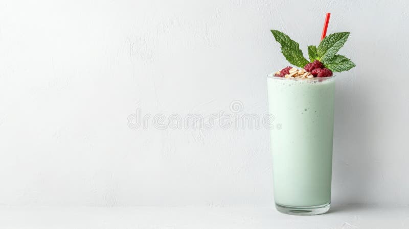 Cristal alto de smoothip verde fresco con paja roja. Con hojas de menta frambuesa y avena sobre fondo blanco. Sano fotografía de archivo