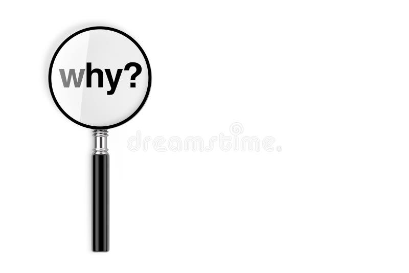 Magnifying Glass with Why Sign on a white background. 3d Rendering. Magnifying Glass with Why Sign on a white background. 3d Rendering