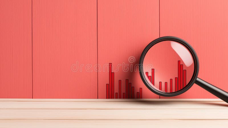 Cristal de aumento sobre un fondo rojo analizando un gráfico de barras mínimo con el concepto de tabla de madera análisis de datos stock de ilustración