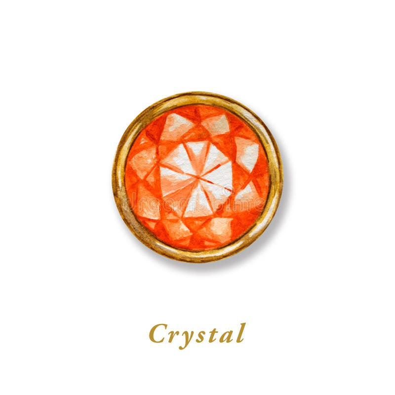 Cristal redondo em um quadro do ouro Diamante tirado mão da aquarela Objeto luxuoso isolado no fundo branco Laranja colorida ilustração stock Cristal redondo em um quadro do ouro Diamante tirado mão da aquarela Objeto luxuoso isolado no fundo branco Laranja colorida ilustração stock