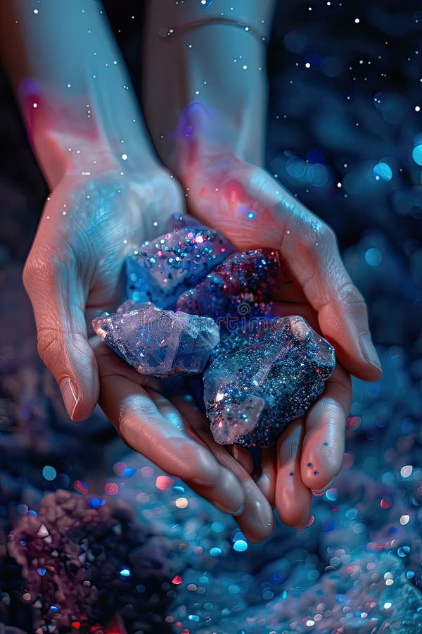 Space stones crystals in hands. Selective focus. Nature. AI generated. Space stones crystals in hands. Selective focus. Nature. AI generated