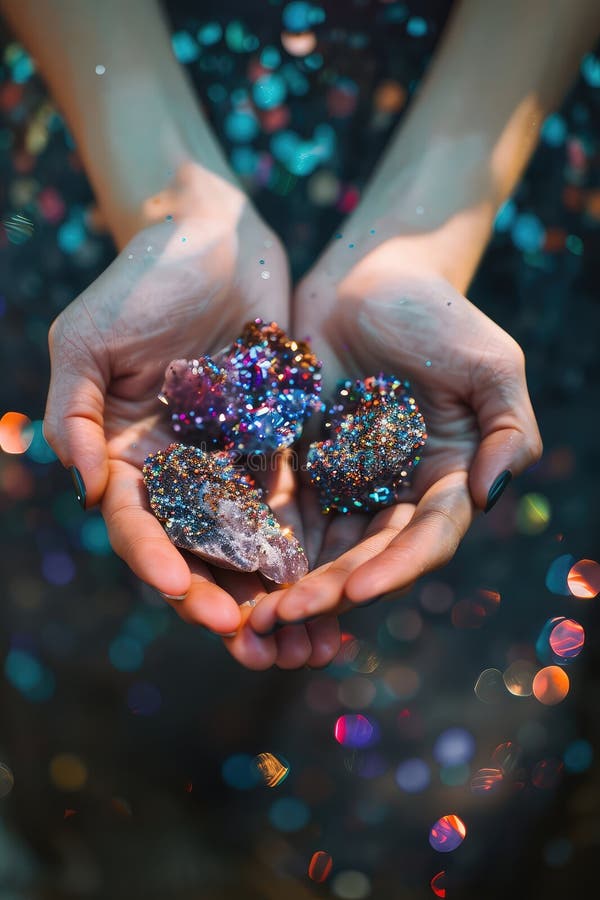 Space stones crystals in hands. Selective focus. Nature. AI generated. Space stones crystals in hands. Selective focus. Nature. AI generated