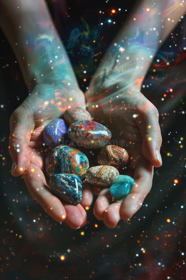 Space stones crystals in hands. Selective focus. Nature. AI generated. Space stones crystals in hands. Selective focus. Nature. AI generated