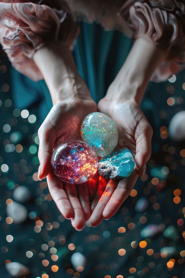 Space stones crystals in hands. Selective focus. Nature. AI generated. Space stones crystals in hands. Selective focus. Nature. AI generated