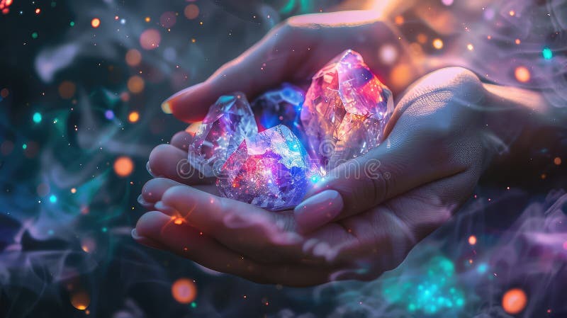 Space stones crystals in hands. Selective focus. Nature. AI generated. Space stones crystals in hands. Selective focus. Nature. AI generated