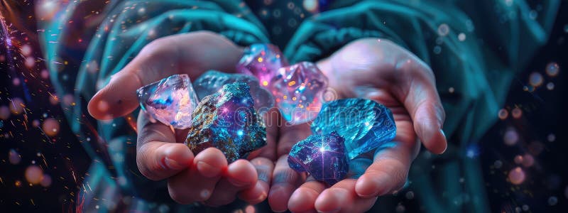 Space stones crystals in hands. Selective focus. Nature. AI generated. Space stones crystals in hands. Selective focus. Nature. AI generated