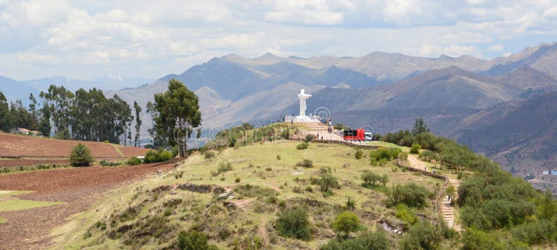 Cristo Blanco hill view from Saqsaywaman. Pukamuqu. Cusco. Peru stock image