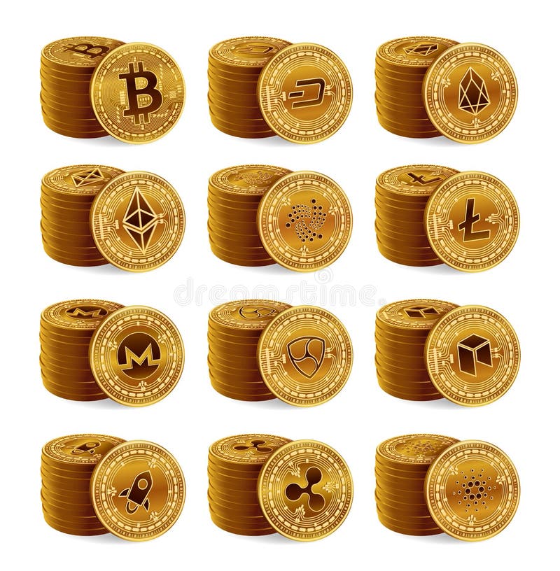Cristocromatizzazione monete fisiche impilamento conio di monete metalliche in cripto d'oro 3d isolate su fondo bianco. terriccio illustrazione vettoriale