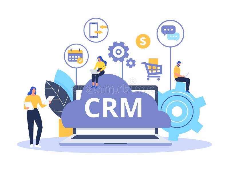 CRM concept design with vector elements. Flat icons of accounting system, planning tasks, support, deal. Organization of data on work with clients, Customer Relationship Management. Customer relationship software banner vectors