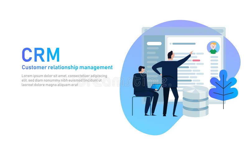 CRM. Customer relationship management concept. Businessman looking into database application screen. Vector. Customer relationship software banner vectors