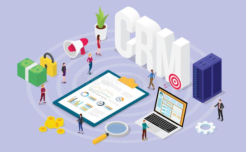 Crm customer relationship manager concept with team people and financial admin data with isometric modern flat style - vector illustration. Customer relationship software banner illustrations