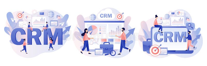 CRM solution. Customer relationship management concept. Business strategy. Tiny businessman perform data analysis. Modern flat cartoon style. Vector illustration. Customer relationship software banner vectors