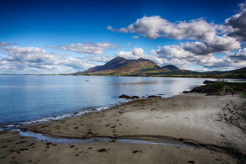 Croagh Patrick holly mountain blue water and cloudy blue sky