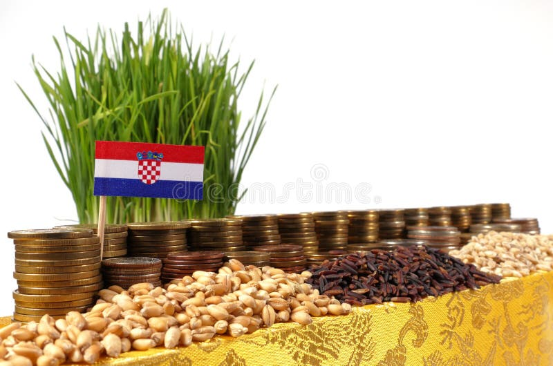 Croatia flag waving with stack of money coins and piles of wheat