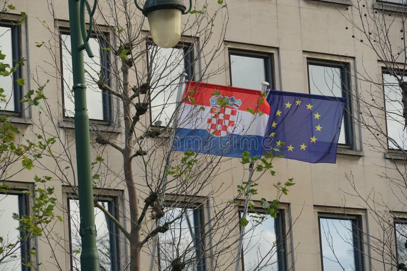 Croatian and European Union flags waving stock photos Croatian and European Union flags waving stock photos