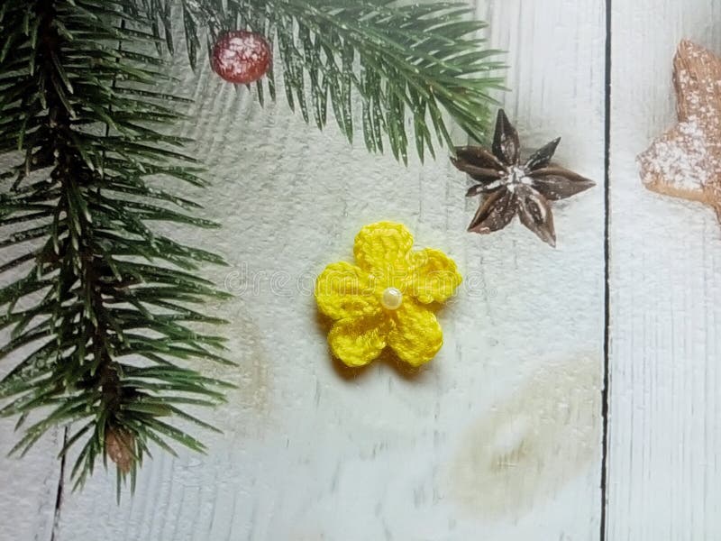 Crochet Flower Pattern Yellow Colour Background Texture Stock Image