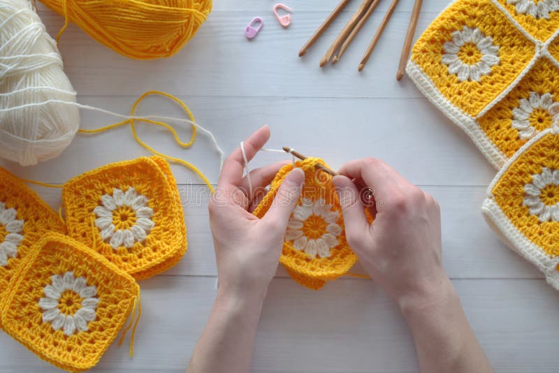 Crochet Handmade Granny Square Pattern, Crocheting Supplies, Assorted  Colored Wool Yarn, Hook, Knitting Crocheting Stock Image - Image of  multicolored, colour: 242781919