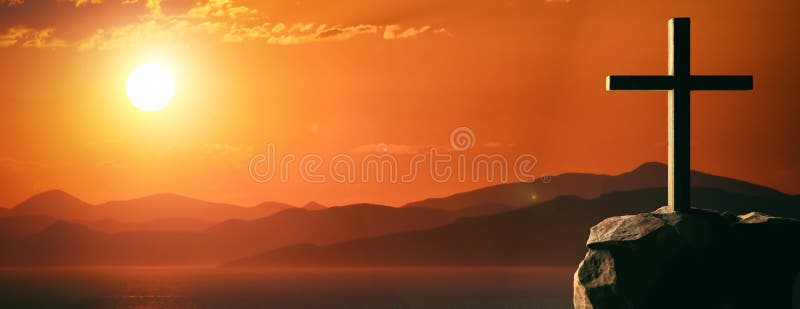 Crocifissione di Jesus Christ, incrocio di legno, cielo al fondo di tramonto illustrazione 3D illustrazione vettoriale Crocifissione di Jesus Christ, incrocio di legno, cielo al fondo di tramonto illustrazione 3D illustrazione vettoriale