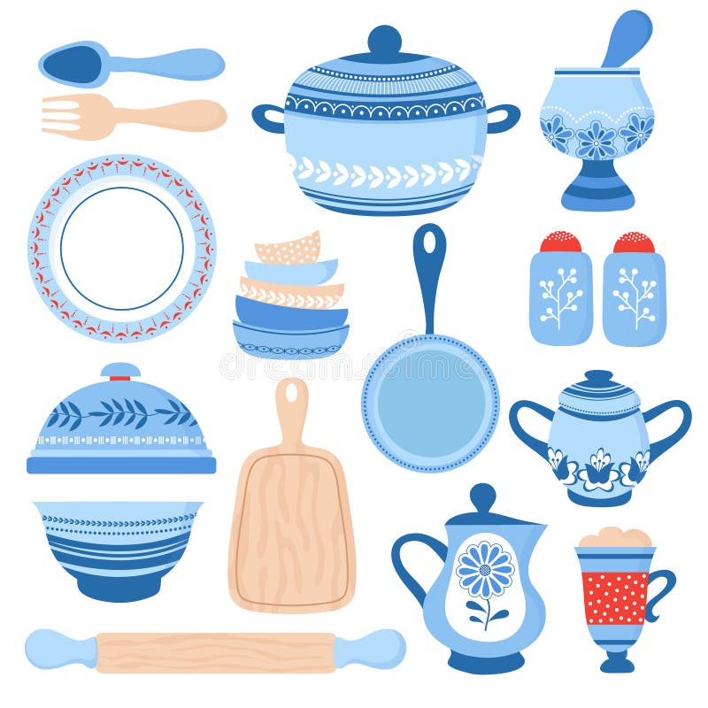 Kitchen tools. Kitchenware, cooking baking utensils. Doodle ceramic ke By  Microvector
