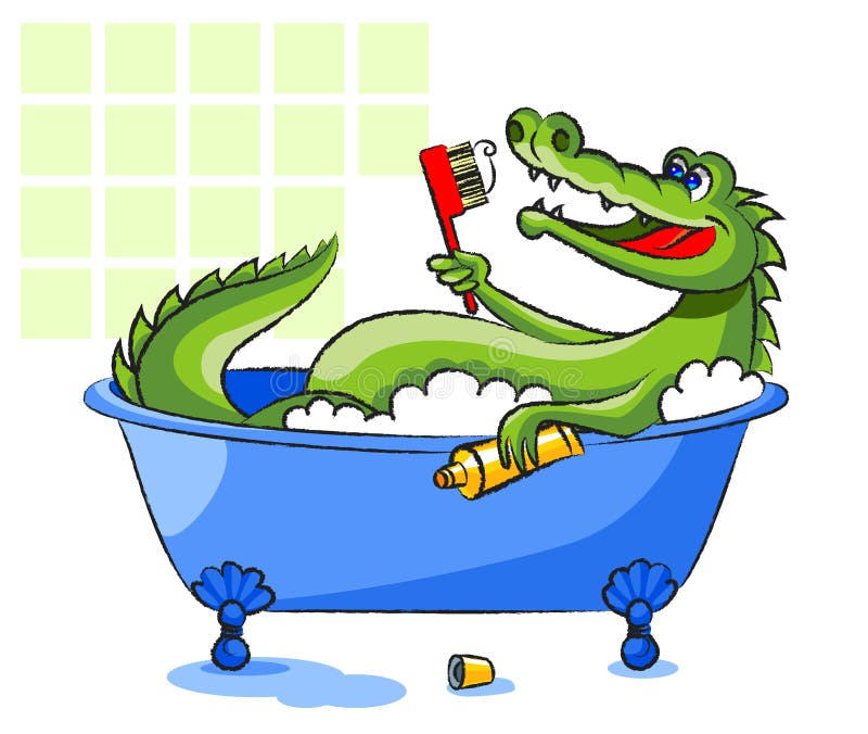 The green, smiling crocodile lies in a bathtub and holds a toothbrush and a tube with a toothpaste. The green, smiling crocodile lies in a bathtub and holds a toothbrush and a tube with a toothpaste.