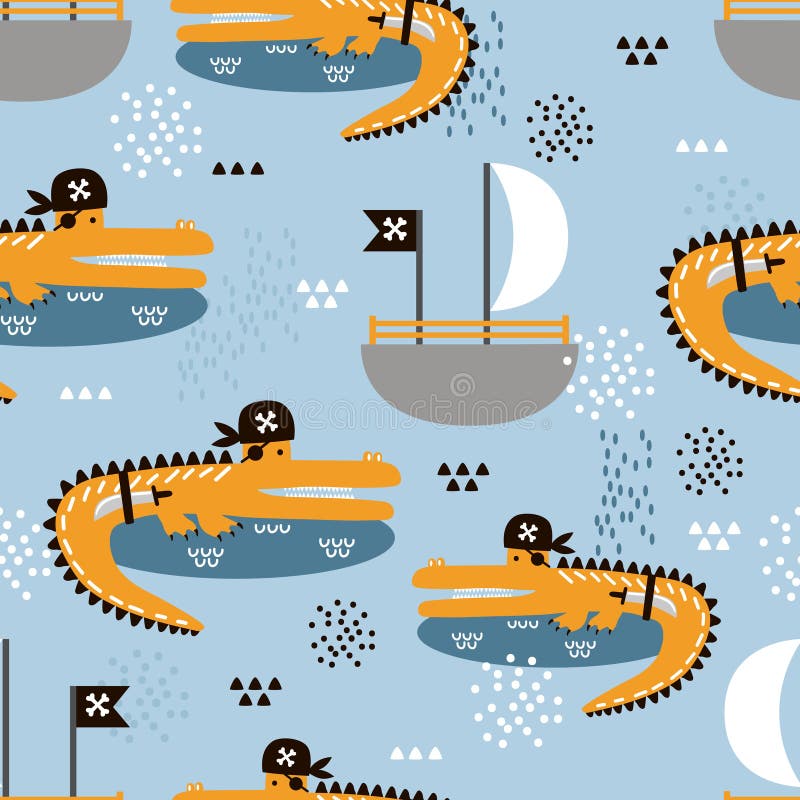 Crocodiles - pirates, boats, colorful cute seamless pattern