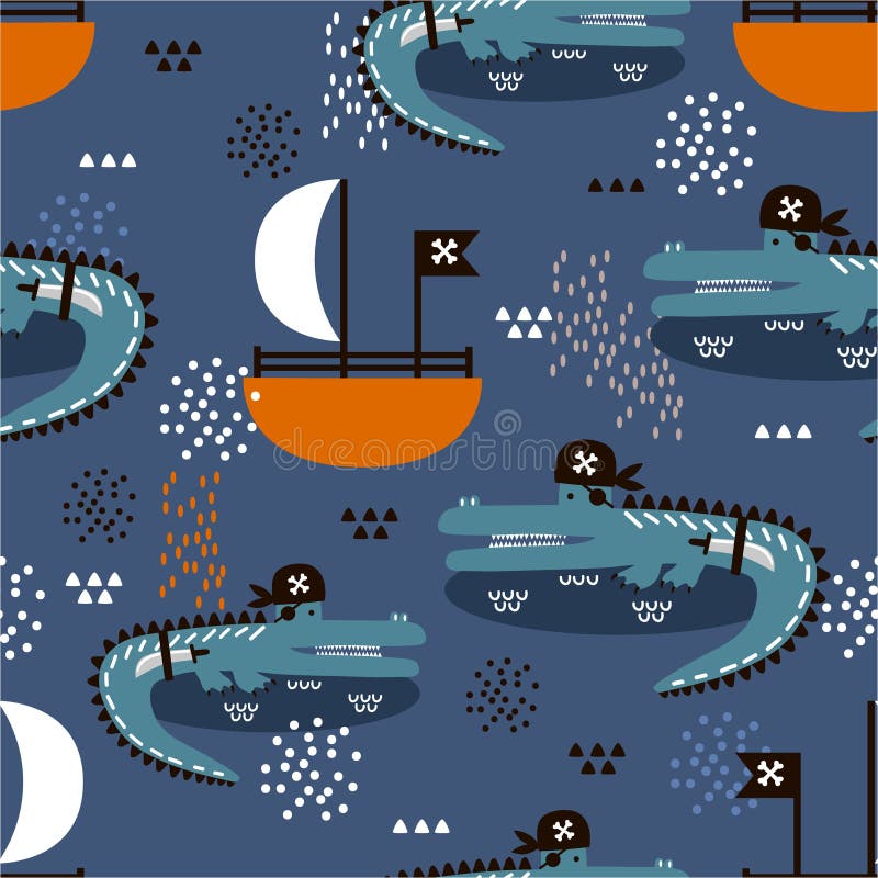 Crocodiles - pirates, boats, colorful cute seamless pattern. Decorative background with animals