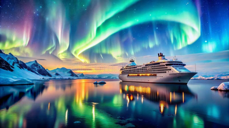 Croisière du fjord arctique Majestic Ship Under Aurora Borealis and Midnight Sun illustration libre de droits