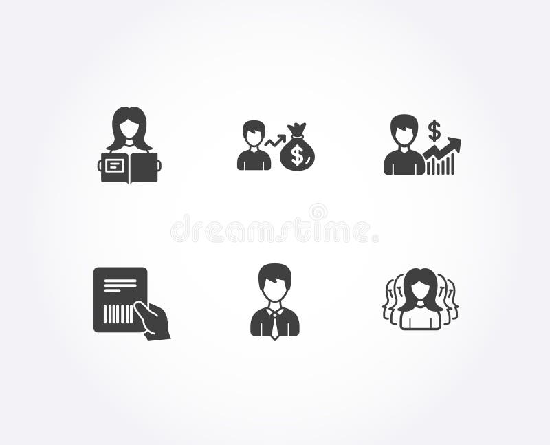 Croissance d'affaires, facture de colis et icônes d'homme d'affaires Sallary, femme lue et femmes groupent des signes illustration libre de droits Croissance d'affaires, facture de colis et icônes d'homme d'affaires Sallary, femme lue et femmes groupent des signes illustration libre de droits