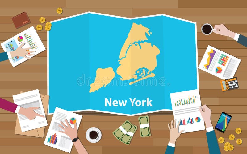 New york city usa america united states region economy growth with team discuss on fold maps view from top vector illustration. New york city usa america united states region economy growth with team discuss on fold maps view from top vector illustration
