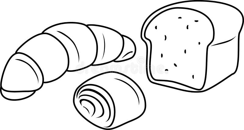 Croissant, bun and bread isolated on white. Outline drawing for grocery design stock illustration