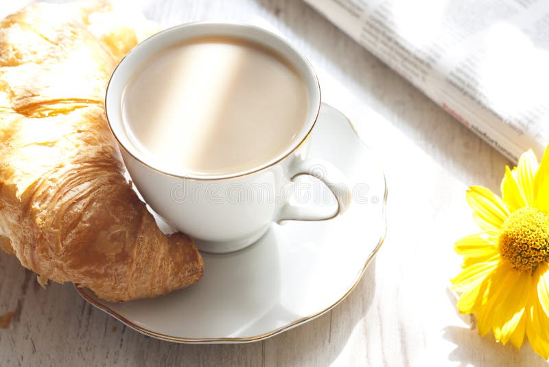 Croissant and cup of coffee breakfast in the morning