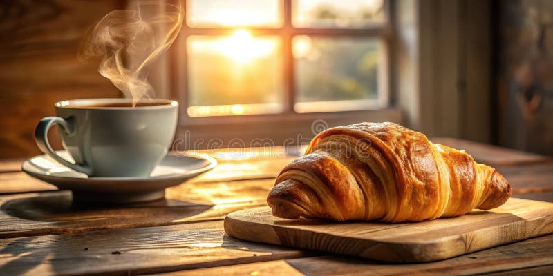 Croissant dorato e tazza di caffè torsica al mattino, in grembo, per finestra, con luce calda del sole. illustrazione vettoriale