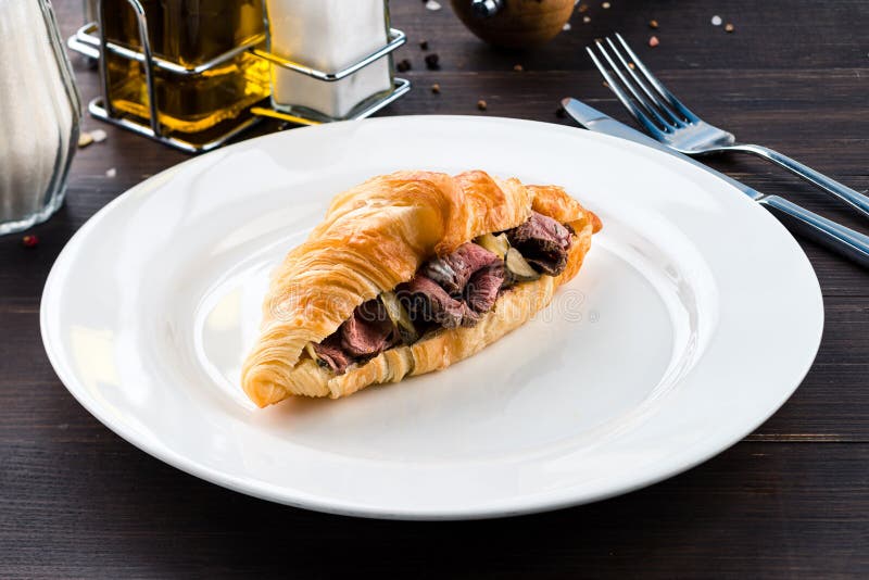 Croissant With Roast Beef Fillet Mignon Tenderloin Meat Stock Image Image Of Roasted Food