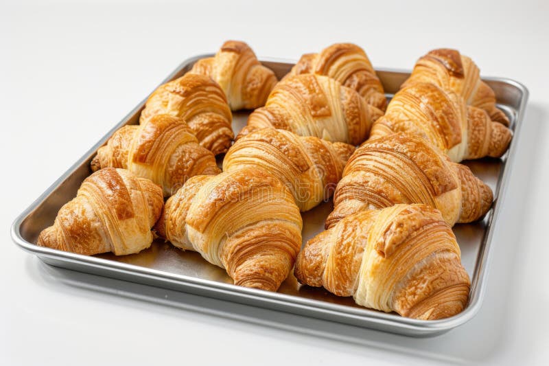 Croissants dorati al forno fresco. Un vassoio di cornetti francesi d'oro appena cotto su fondo bianco.