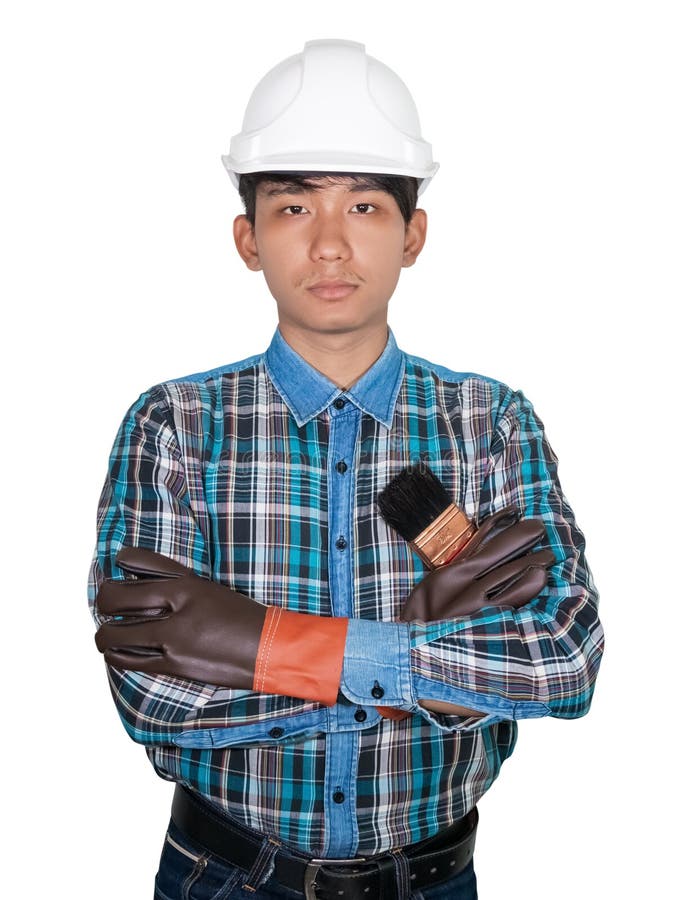 Croix de main de pinceau de participation d'ing?nieur porter le bleu de chemise ray?e et le cuir de gant avec du plastique blanc photos libres de droits Croix de main de pinceau de participation d'ing?nieur porter le bleu de chemise ray?e et le cuir de gant avec du plastique blanc photos libres de droits