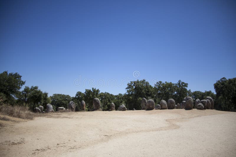 Cromlech de almendres entrance to monument. The areas of Extremadura Spain and Alentejo Portugal bring together a huge amount of megalithic archaeological sites stock photo Cromlech de almendres entrance to monument. The areas of Extremadura Spain and Alentejo Portugal bring together a huge amount of megalithic archaeological sites stock photo