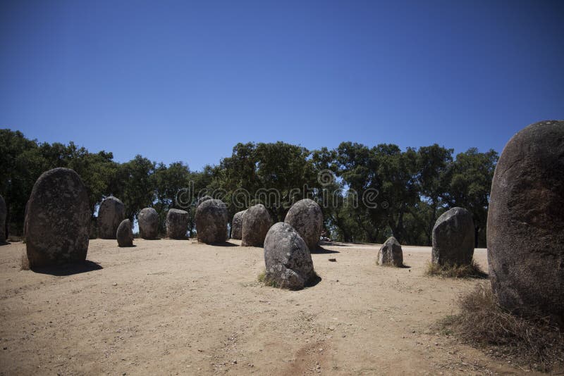 Cromlech de almendres entrance to monument. The areas of Extremadura Spain and Alentejo Portugal bring together a huge amount of megalithic archaeological sites stock image Cromlech de almendres entrance to monument. The areas of Extremadura Spain and Alentejo Portugal bring together a huge amount of megalithic archaeological sites stock image