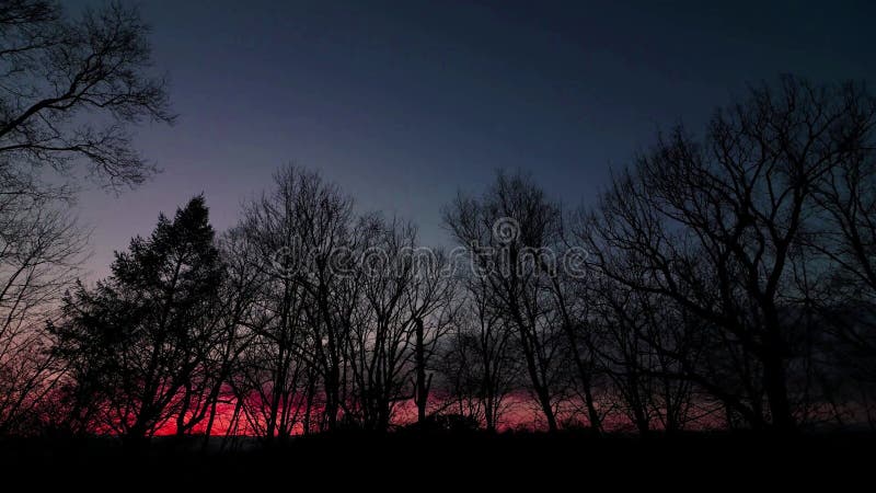 Cronología de la puesta de sol en la primavera temprana con árboles estériles y nubes dramáticas