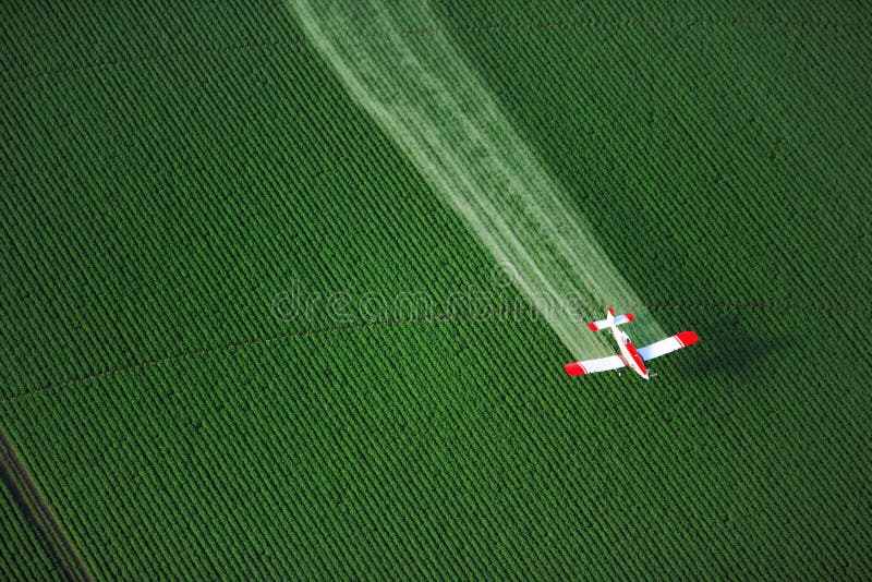 An overhead view of a crop duster spraying rows of potatoes in a green Idaho farm field. An overhead view of a crop duster spraying rows of potatoes in a green Idaho farm field.