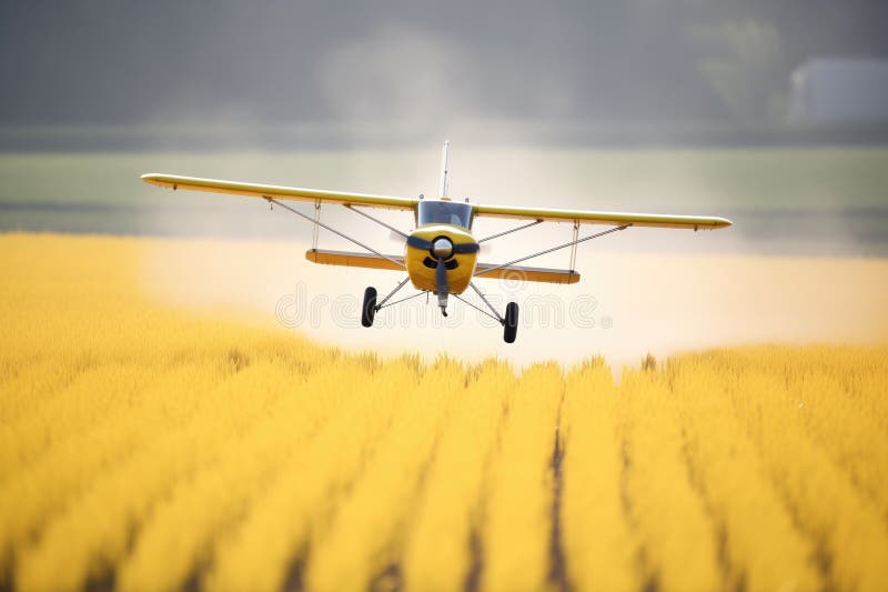 Crop Duster Pilot at Work in Small Airplane Over Fields Stock Photo