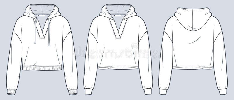 Crop Hoodie technical fashion illustration. Hooded Sweatshirt fashion flat technical drawing template,different bottoms,v-neck,oversize,front and back view,white,women,men,unisex CAD mockup set. Crop Hoodie technical fashion illustration. Hooded Sweatshirt fashion flat technical drawing template,different bottoms,v-neck,oversize,front and back view,white,women,men,unisex CAD mockup set
