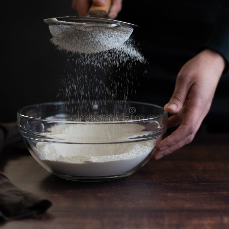 Crop View of Woman Hands Sifting Flour Stock Image Image of cake, black 202828697