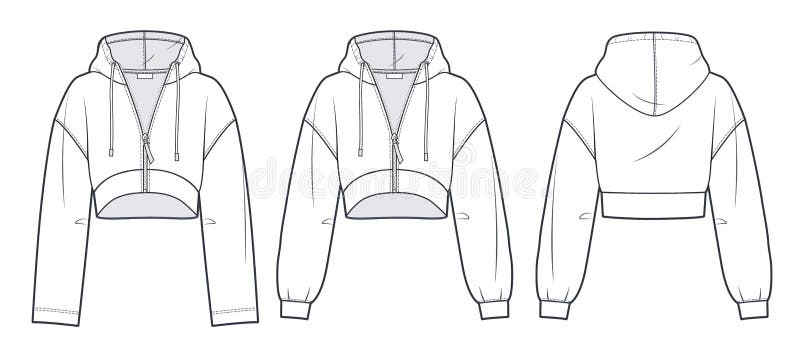 Cropped Hoodie Sweatshirt technical fashion illustration. Oversize Sweatshirt fashion flat technical drawing template, zip-up, long sleeve, front and back view, white, women, men, unisex cad mockup set